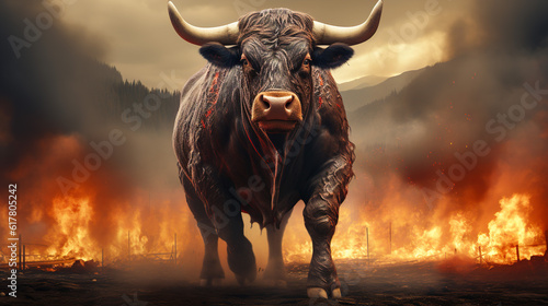 Power Unleashed, The Intense Fury of an Angry Bull amidst Fire and Smoke, Generative AI © BPawesome