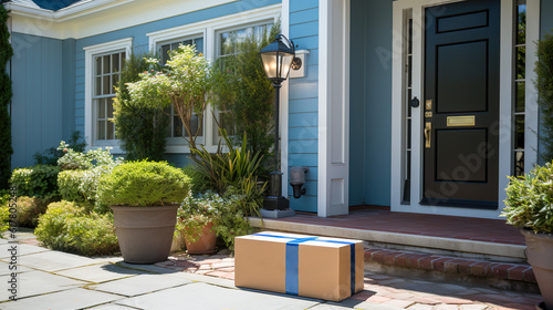 Convenient Deliveries, Parcel Near the Front Door of a House, Generative AI © BPawesome