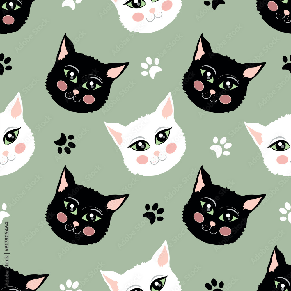 Vector Black and White Cute Cats with footprints signs on pink background. Cartoon Style Cats Faces with Foot Traces Texture Design on Green Color Background. Vector Black and White Cute Cats with footprints signs on pink background. Cartoon Style Cats Faces with Foot Traces Texture Design on Green Color Background.