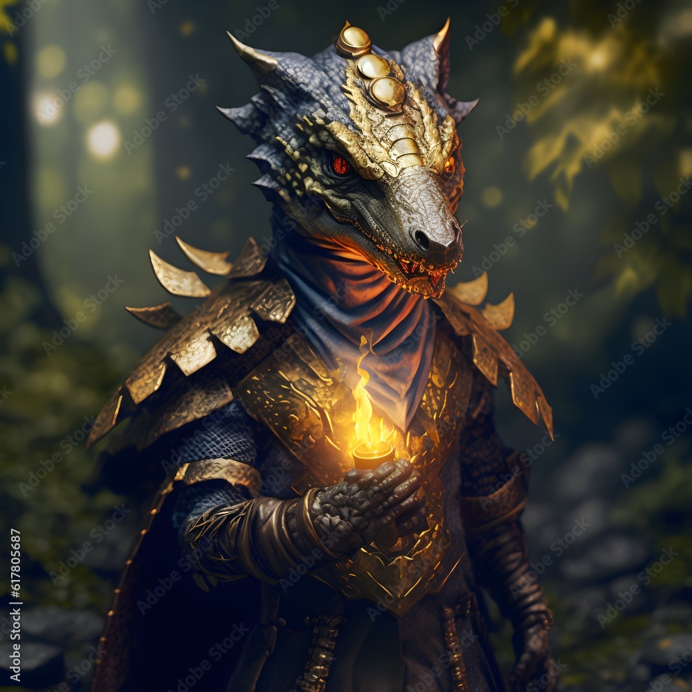 anthropomorphic sorcerer kobold golden scaly skin shiny golden scales dragon eyes snake eyes simple leather clothes with fire smerk with sharp teeth sharp claws small body in a dark forest Show from  - obrazy, fototapety, plakaty 