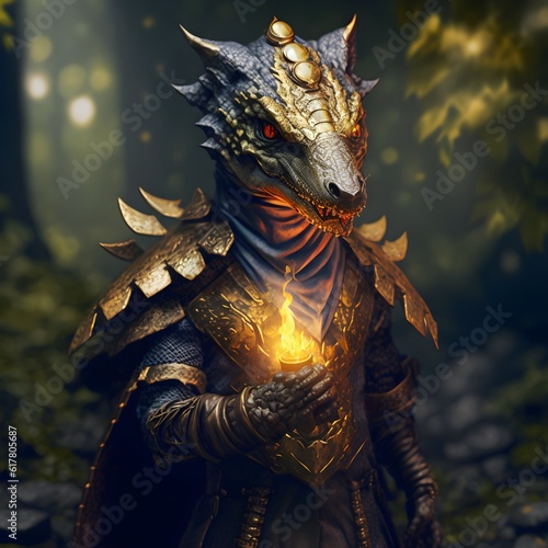 anthropomorphic sorcerer kobold golden scaly skin shiny golden scales dragon eyes snake eyes simple leather clothes with fire smerk with sharp teeth sharp claws small body in a dark forest Show from  © John