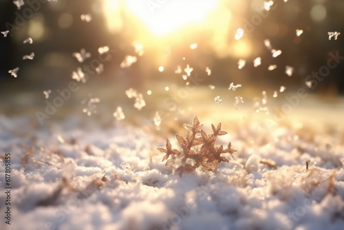 Macro photo of snow flakes falling, blurred background, hyper real, very detailed, sunbeams, 8k. AI generative © SANGHYUN
