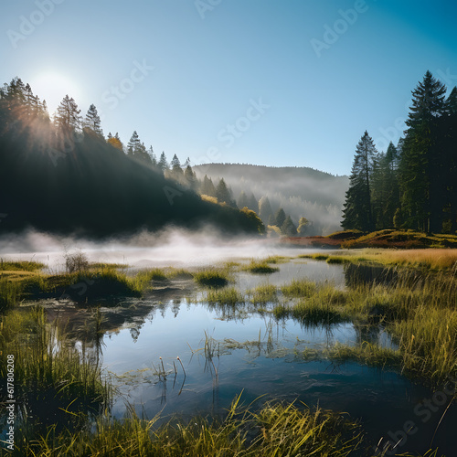 A peaceful lake shrouded in mist. The grassy banks and tall trees create a serene atmosphere, perfect for a morning stroll.