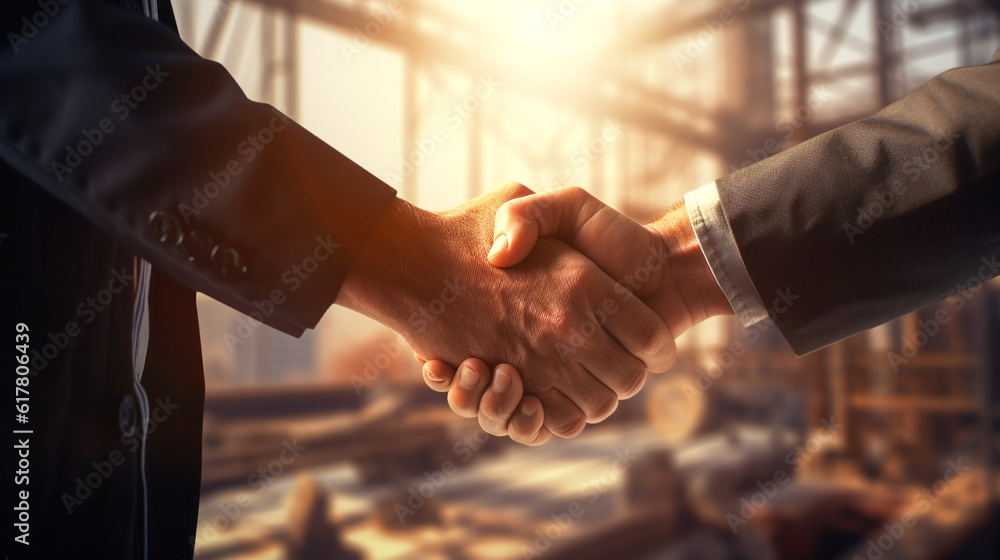 Shot hands of businessman meeting in a firm shake. Construction contractor join hands in success and good contracts, teamwork and collaboration. Generative AI - obrazy, fototapety, plakaty 
