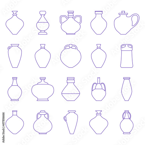 Vector illustration with pots of various shapes. Set ceramic vase icon in line style. Different shapes of container for liquid. Editable stroke. Clay items on potters wheel. Symmetric vases