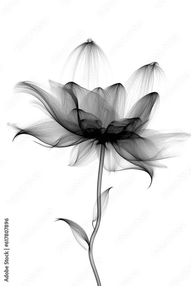 Abstract minimalistic black flower with transparent details in x-ray style on white background. Abstract minimalistic black flower with transparent details in x-ray style on white background.