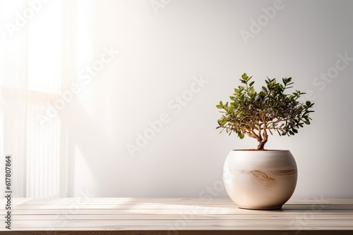 Modern Interior Design Concept with White Wall Background. Tabletop for your product with Tree Pot and Beautiful Plants as Decoration in Room