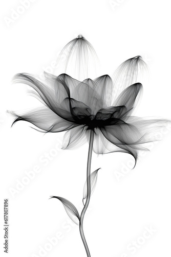 Abstract minimalistic black flower with transparent details in x-ray style on white background.