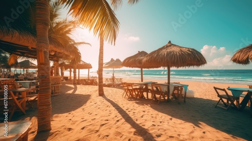 Oceanfront beach in a beautiful bay surrounded by rocks with sun loungers and umbrellas at sunset, wide angle