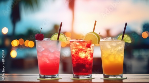 Refreshing alcoholic cocktails with ice, mint and fruit on the bar, close-up view. Party on the beach. Summer Time