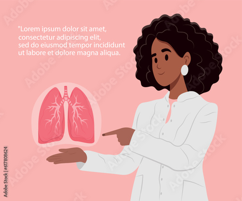 Pulmonologist black female doctor.World lung cancer awareness month in november. Lung health. Lung care, tuberculosis awareness. World cancer day, a patient with pneumonia, tuberculosis.