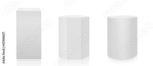 Museum stage. Realistic cubes podium, 3d exhibit displays. Gallery geometric blank product stands, transparent background