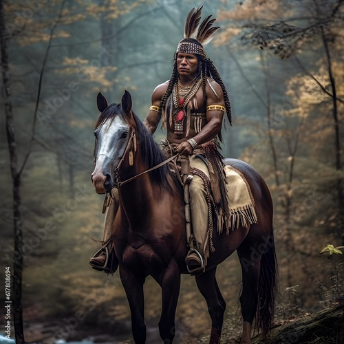 Cherokee Warrior on Horseback - generative ai © Uolir