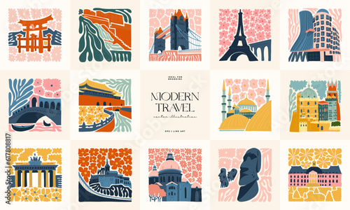 Floral and travel abstract elements. Botanical composition. Modern trendy Matisse minimal style. Floral poster, landmark. Vector arrangements for greeting card or invitation design