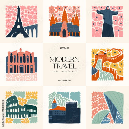 Floral and travel abstract elements. Botanical composition. Modern trendy Matisse minimal style. Floral poster, landmark. Vector arrangements for greeting card or invitation design