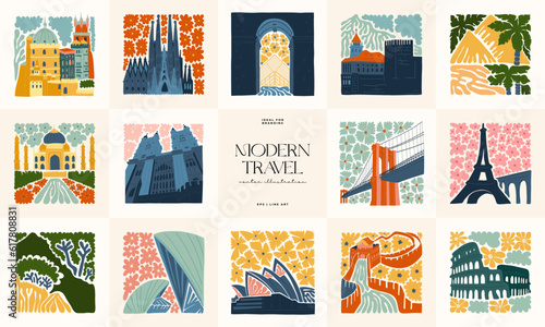 Floral and travel abstract elements. Botanical composition. Modern trendy Matisse minimal style. Floral poster, landmark. Vector arrangements for greeting card or invitation design