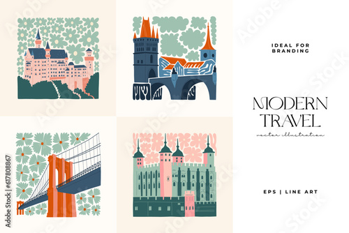 Floral and travel abstract elements. Botanical composition. Modern trendy Matisse minimal style. Floral poster, landmark. Vector arrangements for greeting card or invitation design