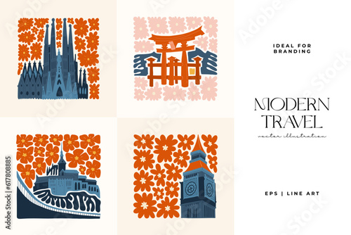 Floral and travel abstract elements. Botanical composition. Modern trendy Matisse minimal style. Floral poster, landmark. Vector arrangements for greeting card or invitation design