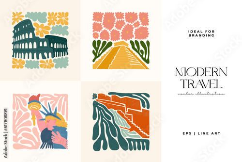 Floral and travel abstract elements. Botanical composition. Modern trendy Matisse minimal style. Floral poster, landmark. Vector arrangements for greeting card or invitation design