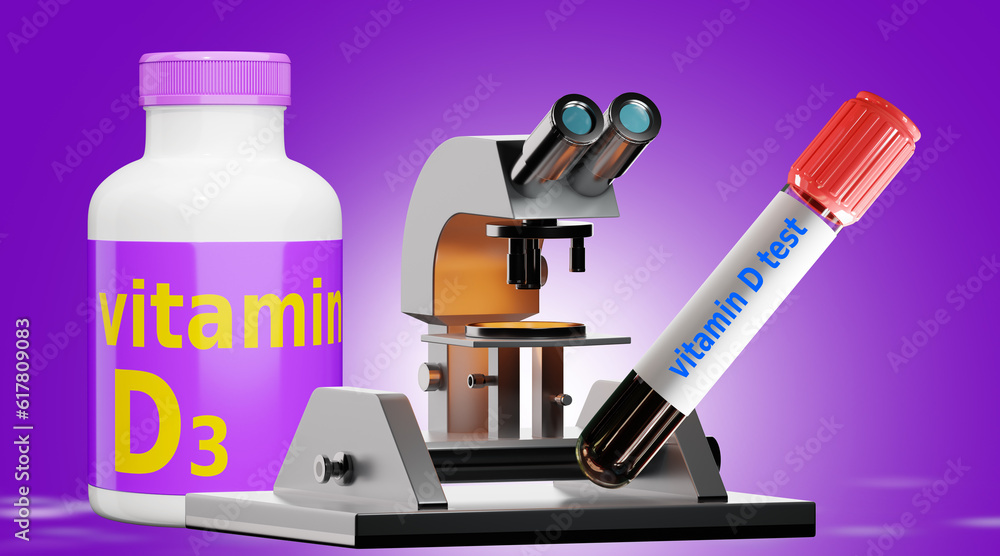 Vitamin D in body. Test tube with blood near microscope. Analysis for