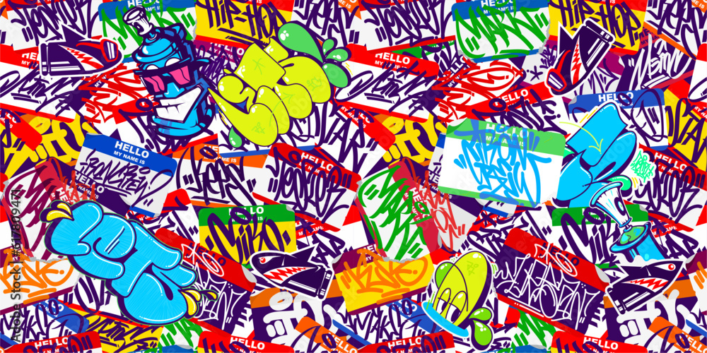 Seamless Abstract Colorful Urban Graffiti Style Sticker Bombing Hello