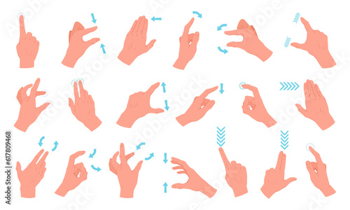 Gadget screen touch gestures. Cartoon hand gestures, smartphone screen tap, pinch, swipe, rotate, and zoom gestures flat vector illustration set. Touchscreen gesture collection