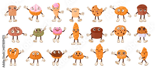 Cartoon bread characters. Pastry comic mascots, cute baguette, croissant and cupcake, smiling bakery emojis flat vector illustration set. Funny bakery products