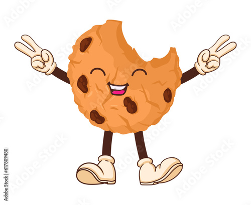 Cartoon cookie mascot. Funny chocolate chip cookie cute emoji with face, arms and legs flat vector illustration. Biscuit character