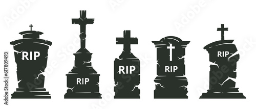 Halloween tombstones. Cartoon cemetery gravestone silhouettes, horror halloween gravestones with crosses flat cartoon vector illustration set