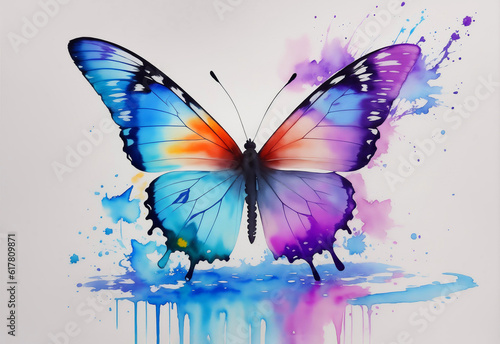 Watercolor Animal Illustration with Beautiful Colorful Butterfly on White Background. Aquarel Painted Style Zoo Wallpaper Design for Banner, Poster, Invitation or Cover. AI Generated.