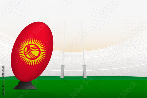 Kyrgyzstan national team rugby ball on rugby stadium and goal posts, preparing for a penalty or free kick.