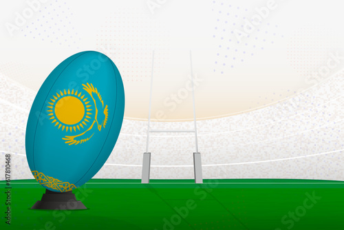 Kazakhstan national team rugby ball on rugby stadium and goal posts, preparing for a penalty or free kick.
