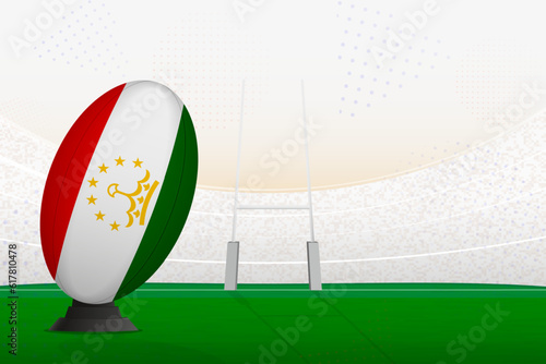 Tajikistan national team rugby ball on rugby stadium and goal posts, preparing for a penalty or free kick.