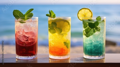 Refreshing alcoholic cocktails with ice, mint and fruit on the bar in close-up against the sea. Sunset. Party