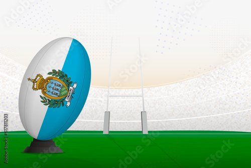 San Marino national team rugby ball on rugby stadium and goal posts, preparing for a penalty or free kick.