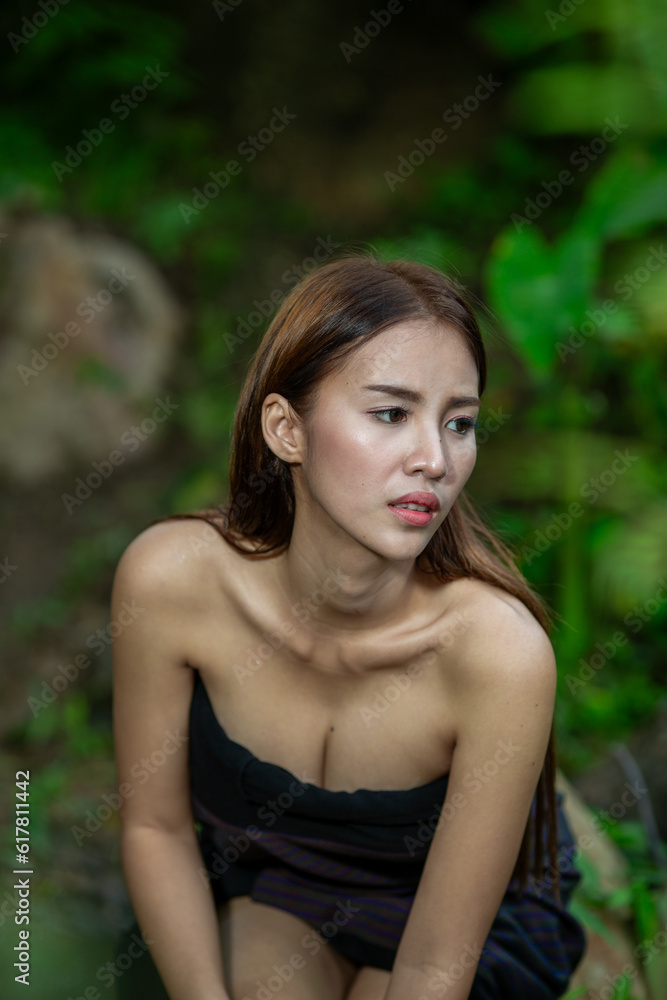Fototapeta premium sexy, forest, asia, bath, bathing, bathroom, beautiful, beauty, body, care, cascade, caucasian, clean, colorful, country, countryside, creek, female, fresh, girl, hair, happy, health, hot, landscape, 