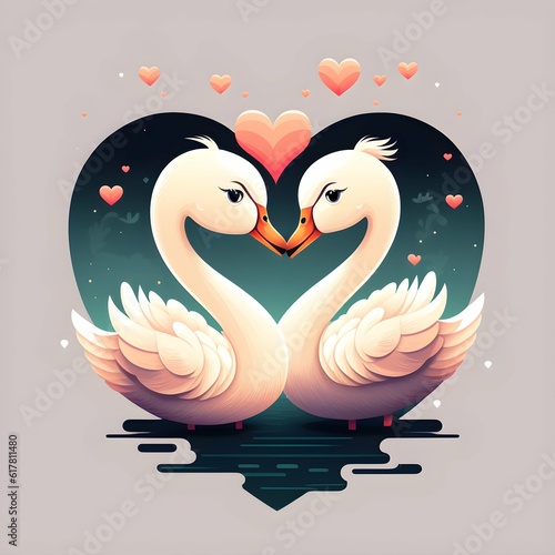 cutecore tinycore naturecore Vector graphic tiny cute two different swan in love with lots of hearts around isolated white background white blank space in the top looks enjoy cartoon zootopia sharp  photo