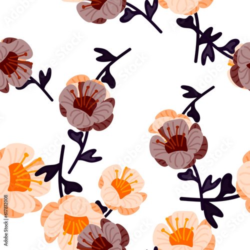 Stylized cute flower seamless pattern in simple style. Abstract floral endless background.