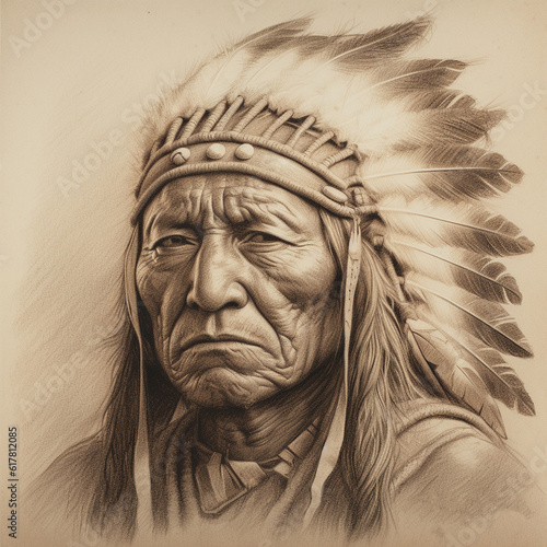 vintage style pencil sketch portrait of a Native American chief photo