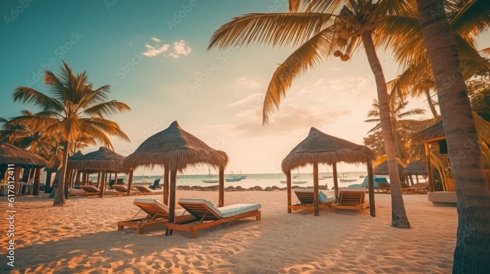 Oceanfront sand beach in a beautiful bay with sun loungers and umbrellas at sunset, wide angle