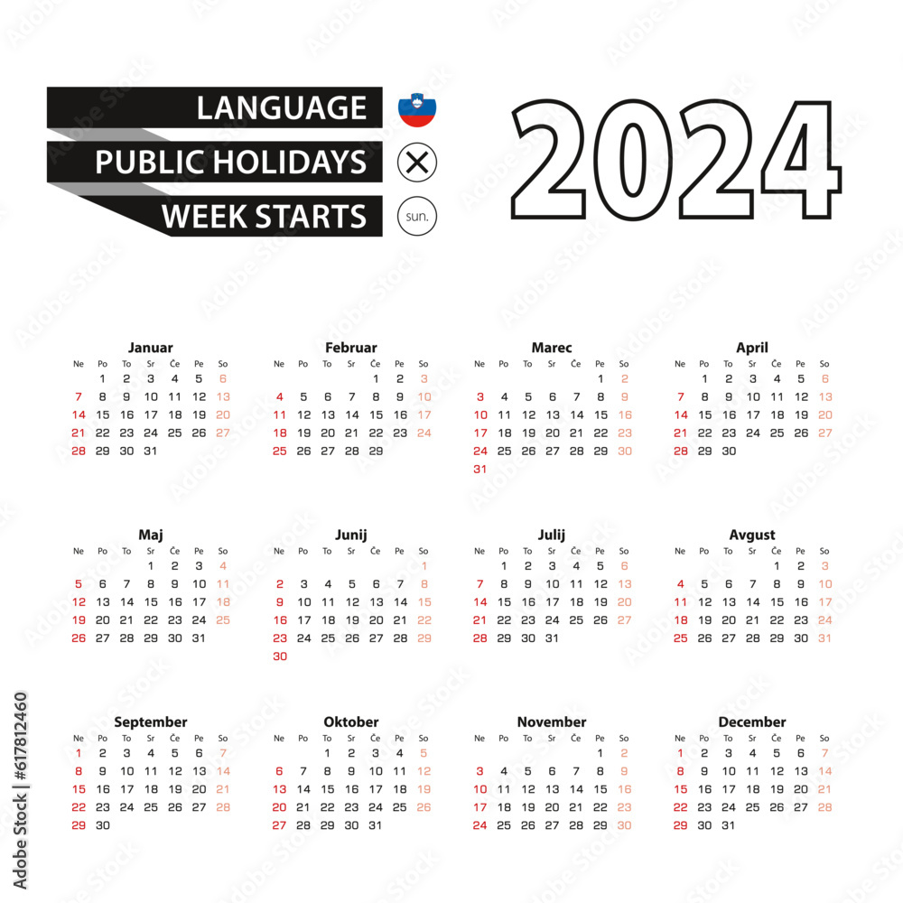 2024 calendar in Slovenian language, week starts from Sunday.