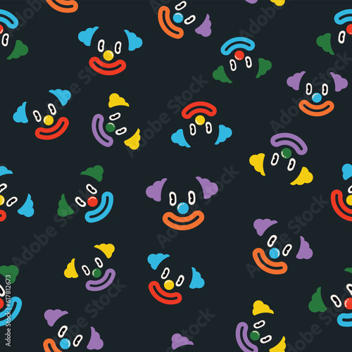 Colorful clown faces seamless pattern on dark background. Hand drawn abstract modern pop simple characters vector illustration.