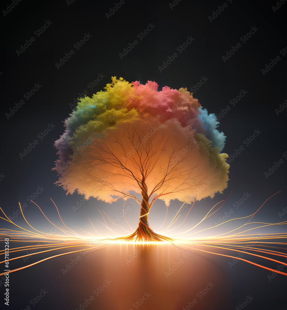 Glowing tree lights on a dark background. Concept art mysticism