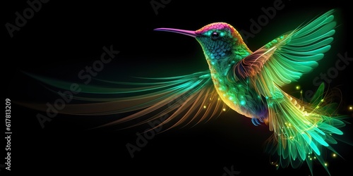 AI Generated. AI Generative. neon Illustration of calibri bird hummingbird. Animal wild life nature vibe decoration design art.  Graphic Art © AkimD