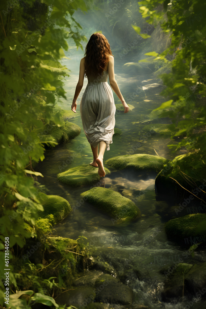 Woman walking in the forest barefeet Woman walking in the forest barefeet