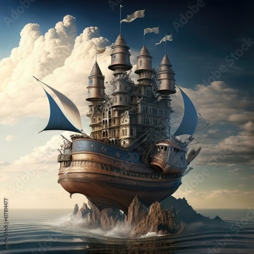 Fantasy poster, 3D wallpaper, Three-dimensional painting, Flying Ship, Galleon, Vessel. THE GALLEON TOWN. Population of a flying galleon stranded on the cliff between the waters. Generative Ai photo