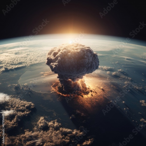 INCREDIBLE WORLD NUCLEAR ARMAGEDDON FROM SPACE, Atomic explosion, Wallpaper, Poster. Atomic or hydrogen bomb explosion with a view outside Planet Earth and mushroom beyond Earth's crust. Generative AI