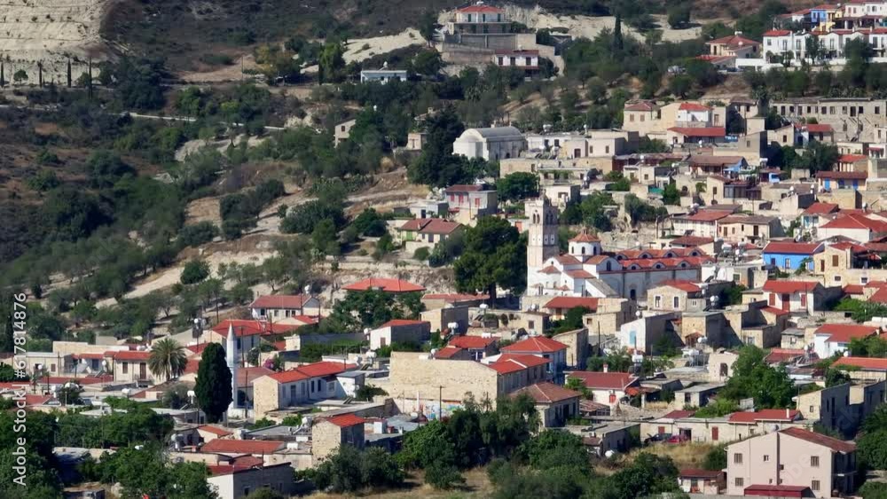 Ancient Charms Unveiled: Aerial Drone Video Revealing Lefkara's Old Town Architecture, Highlighting Red Roofed Buildings and Stone Masonry. High quality 4k footage Ancient Charms Unveiled: Aerial Drone Video Revealing Lefkara's Old Town Architecture, Highlighting Red Roofed Buildings and Stone Masonry. High quality 4k footage