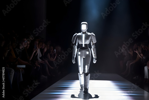 Robot android walks down the runway as a model at a fashion show. White figure in the spotlight on catwalk. Generative AI
