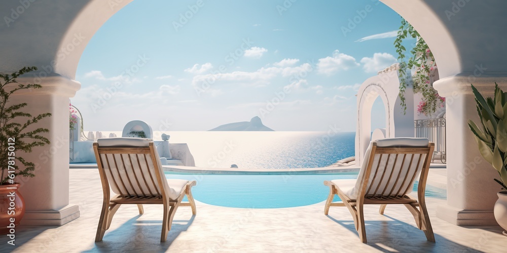 Fototapeta premium AI Generated. AI Generative. Vacation relax adventure vibe. Two white wood chair at pool ocean hotel villa. Blue and white colors. Graphic Art
